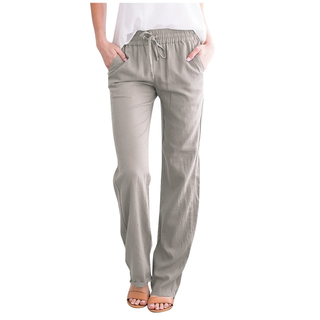 Timegard Cotton Linen Pants for Women Elastic Waisted Drawstring Straight Leg Lounge Pants with Pockets