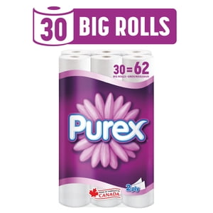 Purex Papier hygiénique hypoallergénique et septique sans danger, 30 Gros rouleaux = 62 Roulements simples