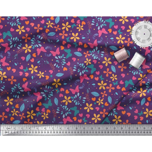 Soimoi Purple Silk Fabric Flower & Butterfly Print Fabric by Yard 42 Inch Wide