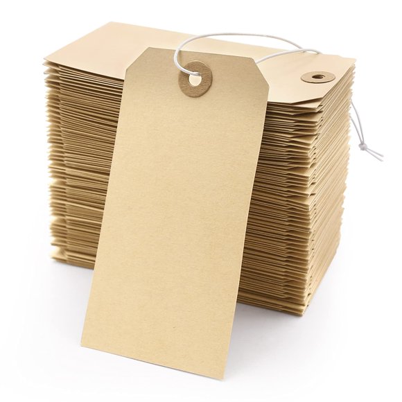 Manila Shipping Tags with Elastic String - Coideal 60 Pcs Blank Strung Cardstock Paper Tags Attached Reinforced Hole 4 3/4"" x 2 3/8""