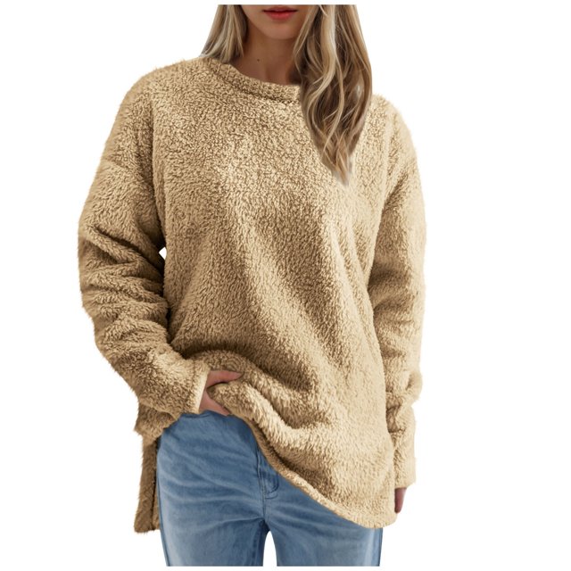 Pisexur Chandail en Molleton Douillet pour Femmes à Manches Longues Col Rond Mode Couleur Unie Automne chandail Décontracté Ourlet Fendu