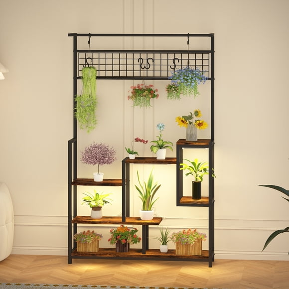 Plant Stand – 7-Tier Tall Indoor with Grow Lights – Metal Display Shelf – Multi-Level Organizer & Hanging Hooks – Living Room, Balcony, Patio & Garden – Tiger Wood