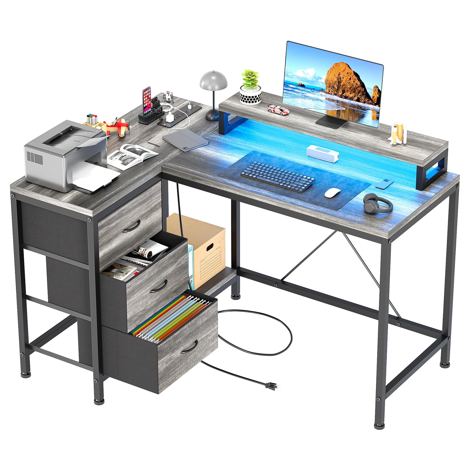 Yeafashion L Shaped Desk with Power Outlets & LED Lights, Computer Desk with Drawers & Shelves, Corner Desk Gaming Desk Home Office Desk