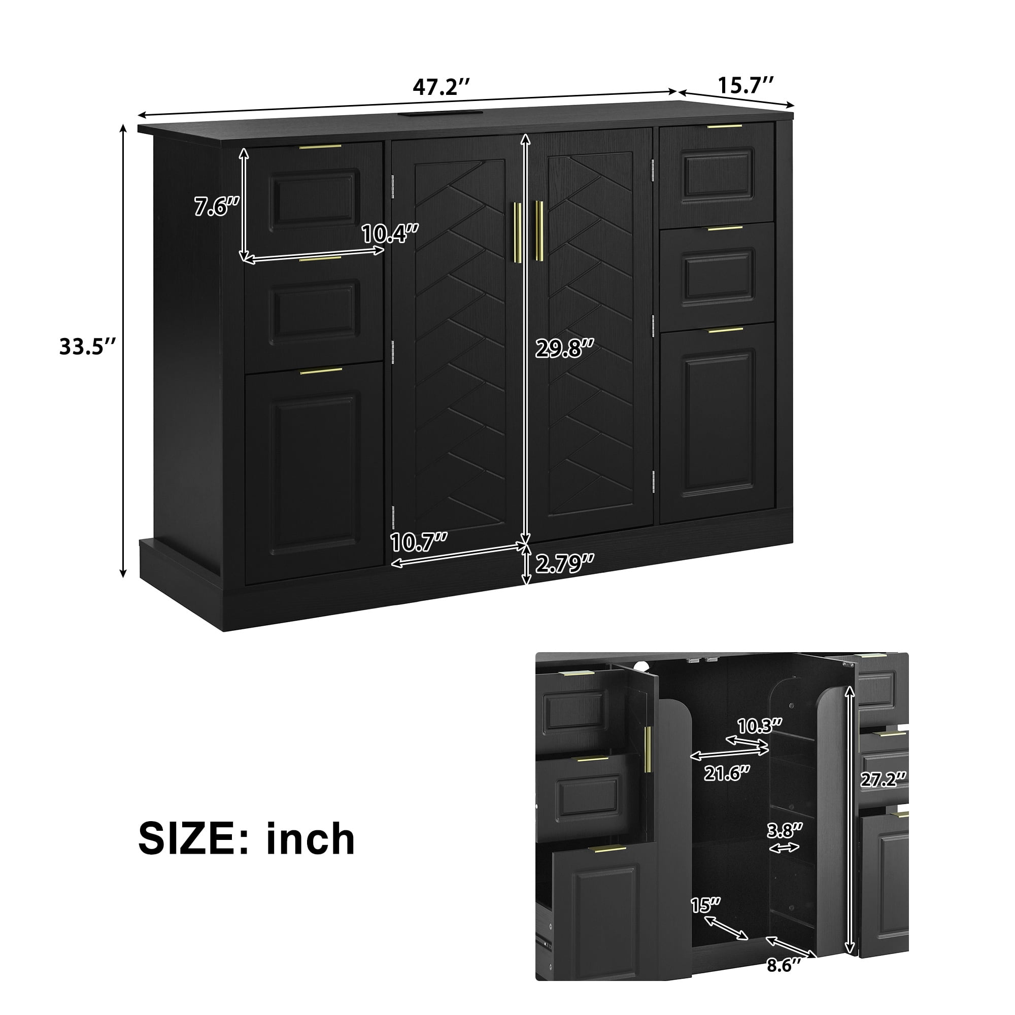Noble House 47.2" Sideboard Buffet Cabinet with Power Outlet,2 Doors & 6 Drawers,3-Level Adjustable Shelves,Black