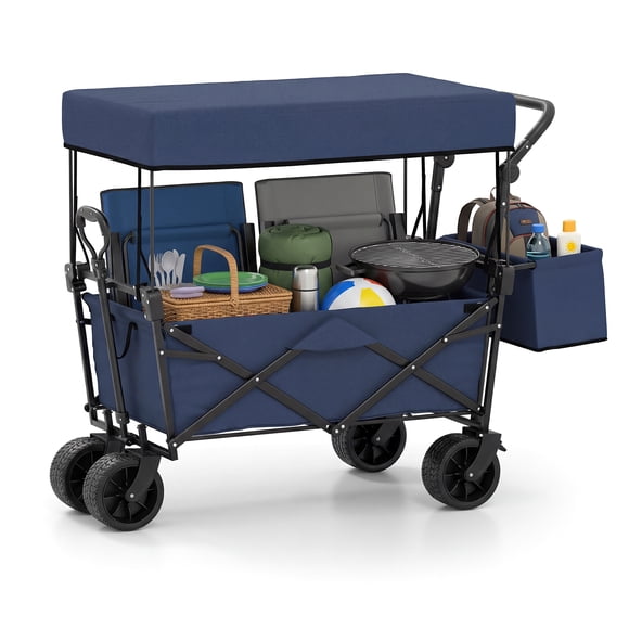 Gymax Collapsible Wagon w/ Removable Canopy Folding Garden CartOutdoor Utility Car Blue