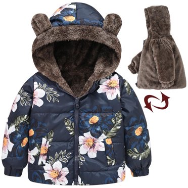 Cameland Girls Coat Toddler Baby Boys Girls Flower Print Plush Cute Winter Thick Casual Keep Warm Hooded Coat Jacket