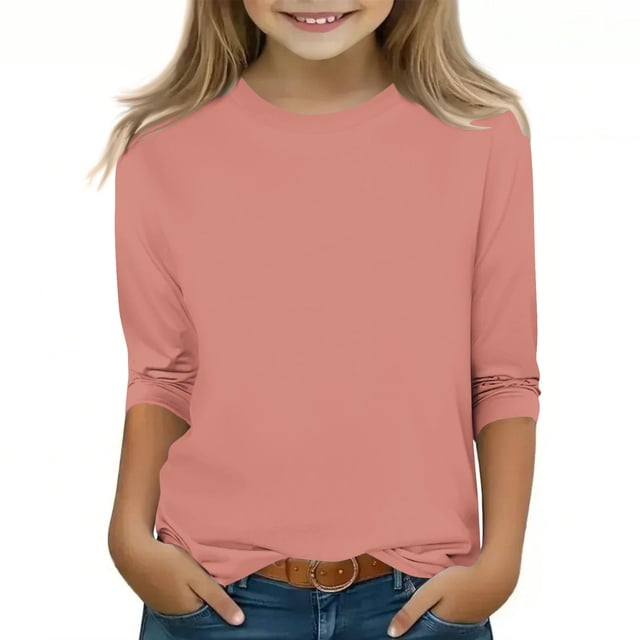 2025 Chemises à Manches 3/4 pour Filles Mode Couleur Unie Col Rond Hauts Chemises Décontractées Rouge Melon D\'eau