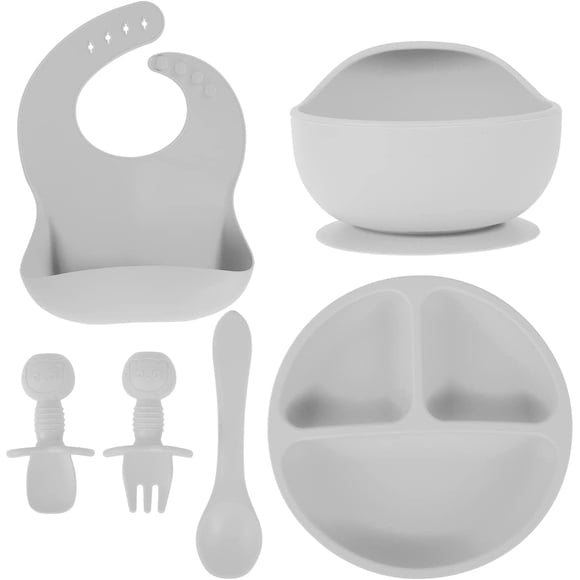 HSHDLDF Set of 6 Baby Feeding Set, Silicone Tableware Food Grade Infant Dinnerware BPA Free Led Weaning Supplies, Non-Slip Self Utensils Suction Bowls＆Adjustable Bib for Toddlers Kids (Light Gray)