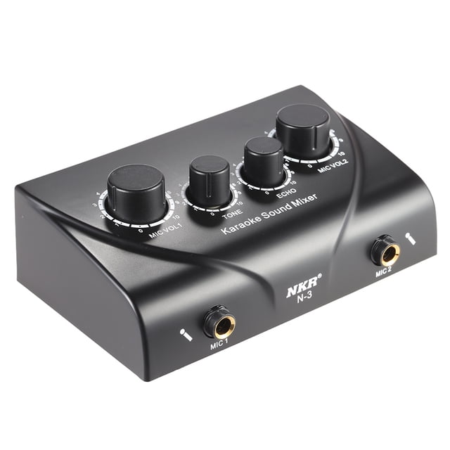 Karaoke Sound Mixer Dual Mic Inputs With Cable, a compact black DJ mixer with labeled knobs for tone, echo, and individual microphone volume controls. Features dual microphone inputs, video input, and sound output for video signal adjustment. Ideal for company, stage, home, and KTV rooms.