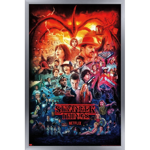 Netflix Stranger Things - Three Seasons One Sheet Wall Poster, 22.375" x 34", magnetic framed poster showing a detailed collage of Stranger Things characters and iconic elements like the Mind Flayer's tentacles, Christmas alphabet lights, and Hawkins landmarks on a vivid red and orange background, suitable for home décor or themed party decoration.