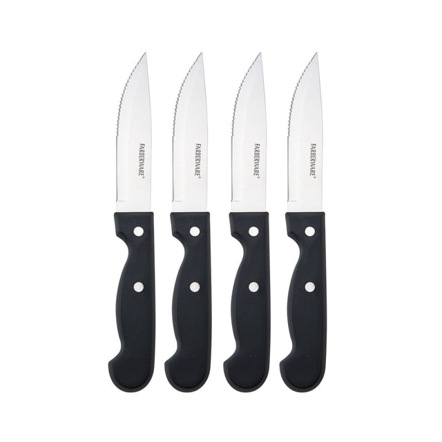 Farberware Triple Rivet 4 Piece Steak Knife Set with serrated high-carbon stainless steel blades and black triple-riveted ergonomic handles, arranged side by side on a white background, designed for precise slicing of meat and poultry in kitchen cutlery sets.