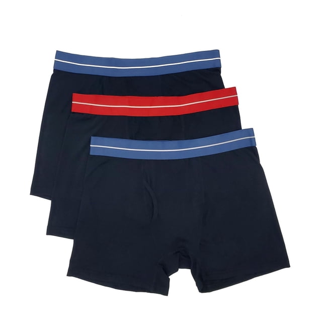 Premium Basics Men's Boxer Briefs three-pack in black with blue and red waistbands featuring white stripes, made from ultra-soft modal fabric with 4-way stretch, moisture-wicking, anti-odor technology, and no-roll waistband for all-day comfort, also suitable for active wear or workouts.