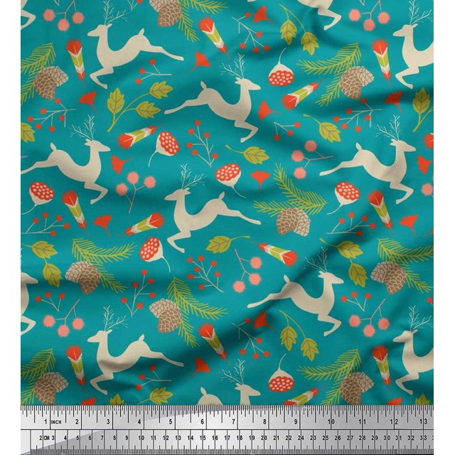 Soimoi Rayon Fabric Leaves & Reindeer Animal Decor Fabric Printed Yard 42 Inch Wide