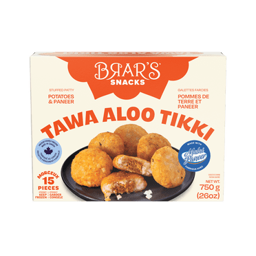 BRAR'S TAWA ALOO TIKKI 750G, Brar's Tawa Aloo Tikki: Homestyle patties formed with fluffy potatoes,filled with malai paneer and expertly seasoned veggies, including jalapenos and peas. 100% Vegetarian, made with gold standard Ingredients, made in Canada
