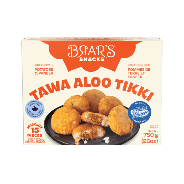 BRAR'S TAWA ALOO TIKKI Emballage de 750 g Montrant 15 Galettes Rondes Farcies Faites avec des Pommes de Terre, du malai paneer et des Légumes Assaisonnés dans une Assiette Noire, une Collation Surgelée Indienne 100 % Végétarienne Fabriquée au Canada, Convient aux Repas Prêts à Manger Rapides.