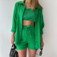 thumbnail image 4 of Fgnfyis Ensemble Décontracté Mode pour Femmes, Chemise à Manches Longues et Col Montant, Shorts Taille Haute avec Cordon, Ensemble 2 Pcs, Vert P, 4 of 5