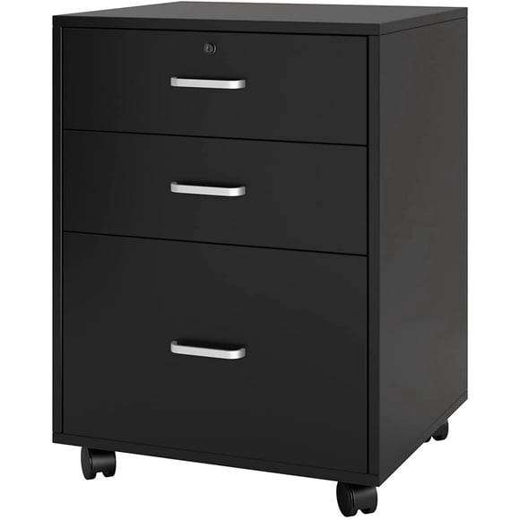Soges Classeur Mobile à 3 Tiroirs, Classeur Roulant, Armoire de Bureau Moderne avec Serrure et Roulettes, Noir