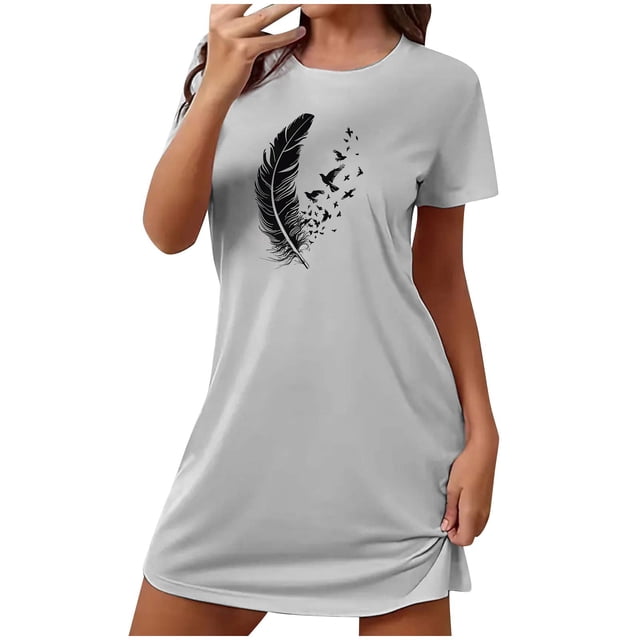 Tnhcen Robe Grande Taille à Imprimé Mignon, Manches Courtes, Col Rond, Vêtement de Nuit, Polyester Spandex Extensible, P-2TG, pour Détente Quotidienne/sommeil Confortable