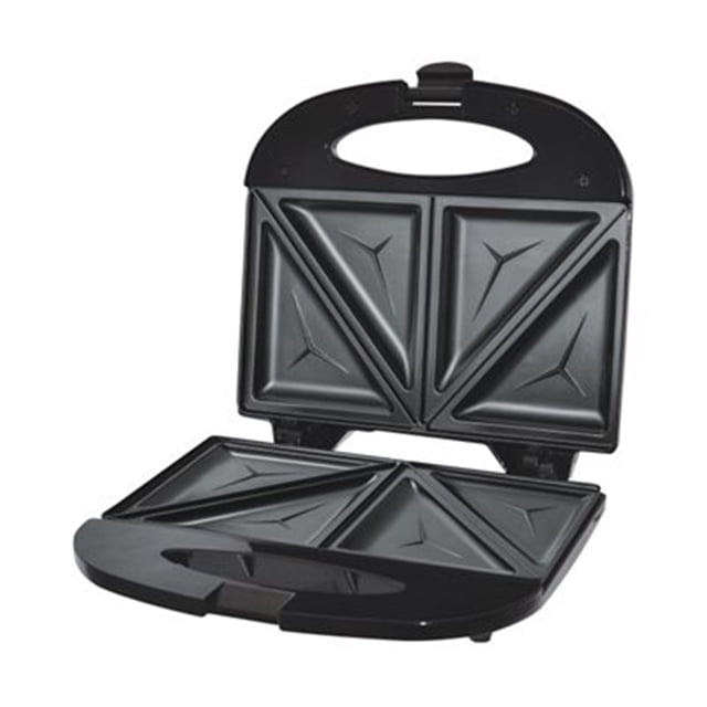 Hauz Non-Stick, Lightweight and Compact Sandwich Maker in black, designed for sandwiches, grilled cheese, and more. Features non-stick triangular cooking plates, indicator lights, a lockable lid clip, and a carrying handle. Compact vertical storage makes it ideal for small kitchens. Often used for quick breakfast preparation.