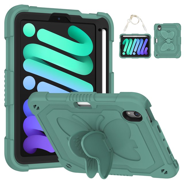 Case for iPad Mini 7 A17 Pro 2024/Mini 6 2021 8.3 Inch 7th/6th Gen with Butterfly Stand, Shockproof Protective Tablet Cover with Pencil Holder Shoulder Strap for Kids Girls, Dark Green