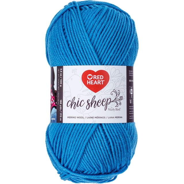 Red Heart® Chic Sheep™ #4 Worsted (Medium) 0 Yarn 3.5oz/100g 186 Yards in bright blue, a skein of 100% mercerized merino wool yarn with medium weight and smooth texture, wrapped in a white label featuring the Red Heart logo and Chic Sheep branding, ideal for knitting and crochet, also suitable for detailed needlework projects.