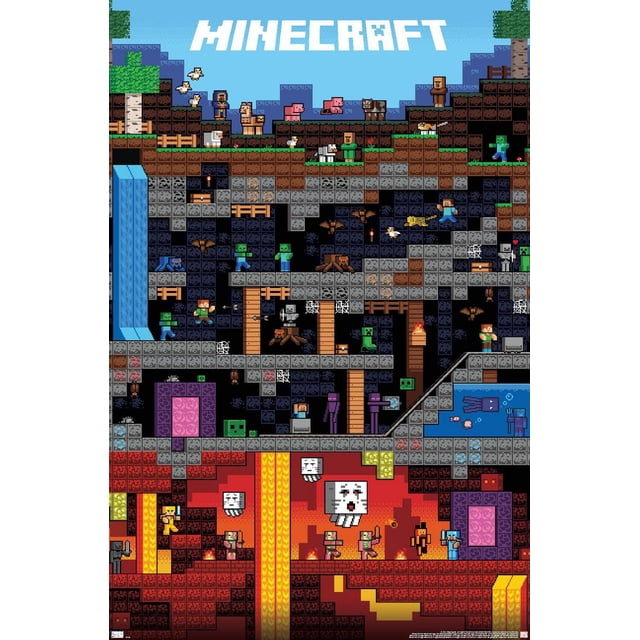 Minecraft - Affiche Murale Mondaine, 22,375 Pouces x 34 Pouces Montrant une Oeuvre Murale Minecraft Pixélisée avec des Grottes Souterraines Détaillées, des Coulées de Lave, des Foules Incluant des zombies, des Squelettes et des Fantômes, des Animaux et des Personnages sur un terrain Blocy sous un Ciel Bleu et le logo Minecraft, Idéal pour la Déco de Chambre.