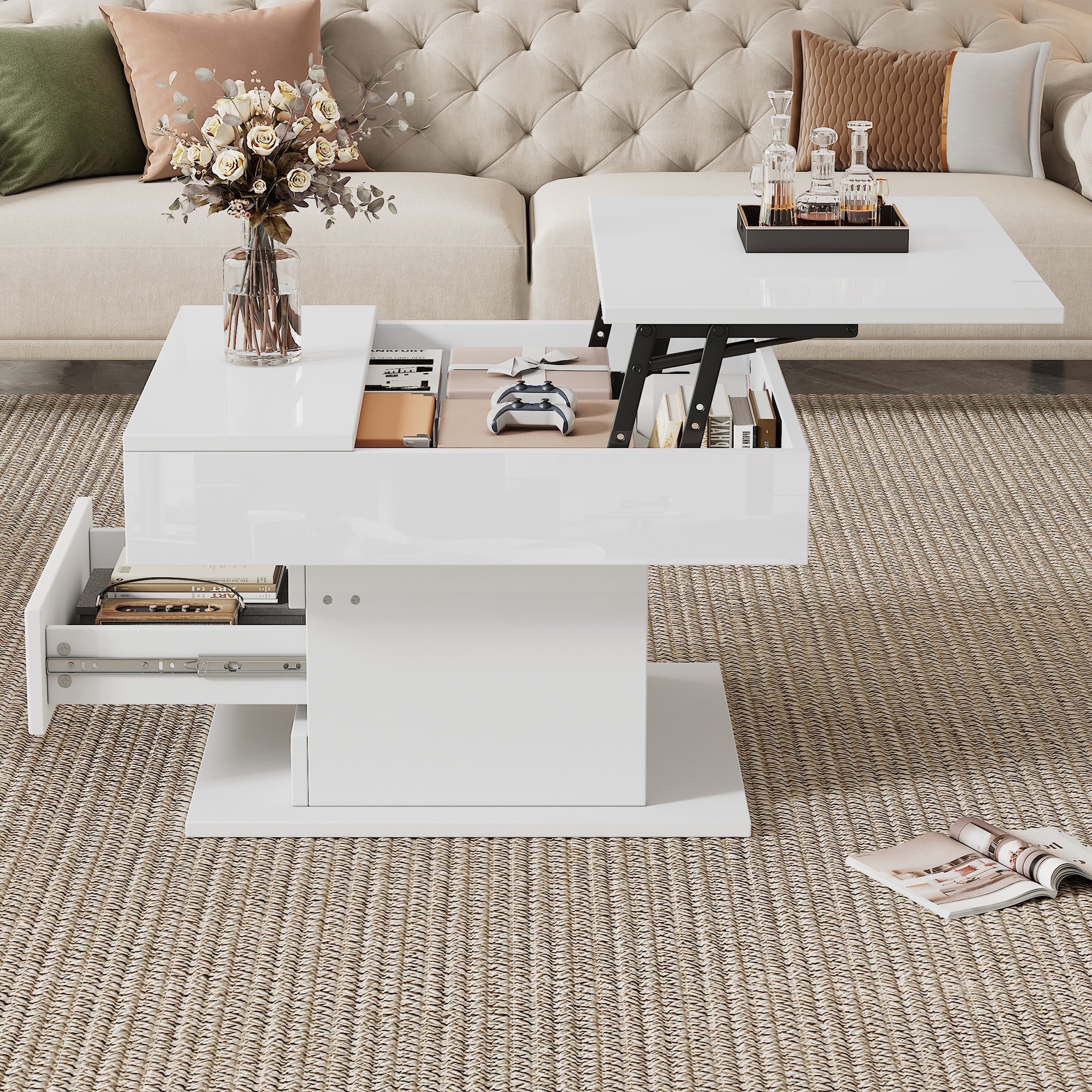 Table basse pivotante Noble House, plateau relevable brillant à 360°, blanche