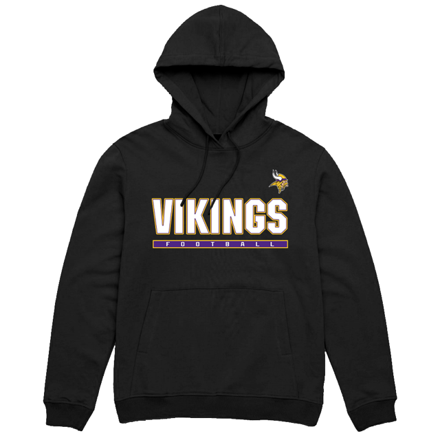 NFL Minnesota Vikings Classic Black Large Hoodie with a bold Vikings logo and text in white and purple on the front. Crafted from high-quality cotton for comfort and durability, featuring a front pocket and adjustable drawstring hood. A gender-neutral hoodie perfect for Minnesota Vikings fans.