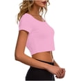 thumbnail image 4 of VSSSJ Hauts Courts pour Femmes Manches Courtes Col Rond Extensible Chandail Décontracté Ajusté Uni Confortable Été Basique T-Shirts Courts Or Rose Taille Unique, 4 of 5