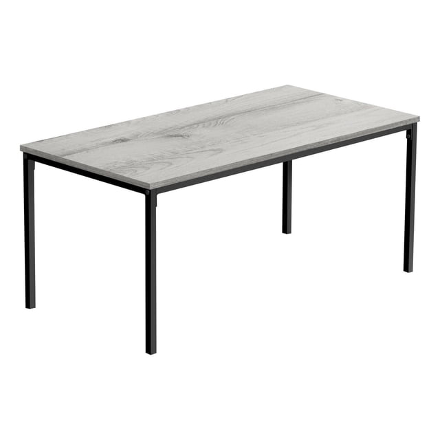 Monarch Specialties Coffee Table with a rectangular grey laminate wood grain top and black metal square tube legs, shown in a 3/4 front view on white background, designed for living rooms with clean lines and suitable for small spaces, often used as a versatile accent or cocktail table.