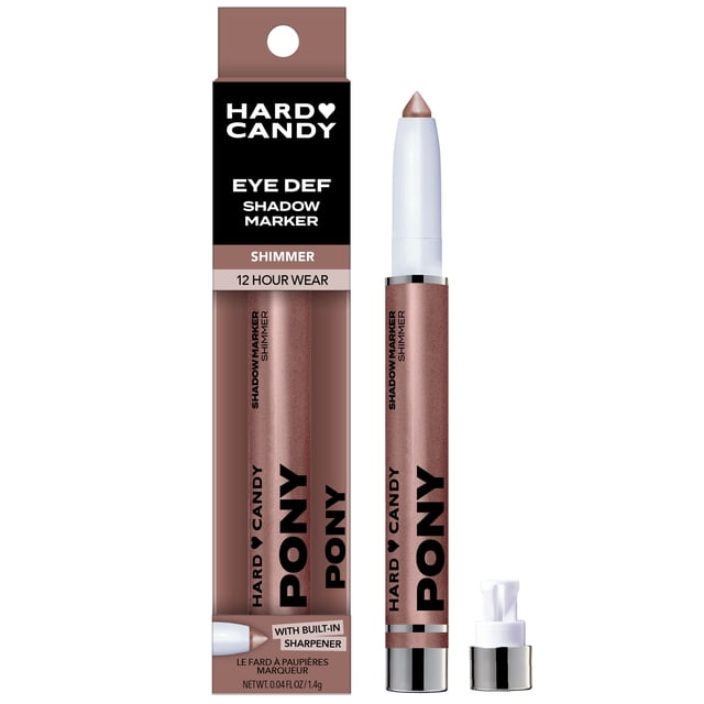 Hard Candy Eye Def Eyeshadow Stick in shimmer Pony shade with packaging and built-in sharpener cap removed, featuring a creamy, blendable formula with 12-hour budge-proof wear in a metallic rose-brown colour, suitable for quick application or as a base for powder shadows.