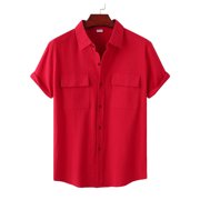 CVLIFE Men Shirts Lapel Neck T Shirt Button Down Tops Turn Collar Short Sleeve T-shirt Work Tee Red 2XL