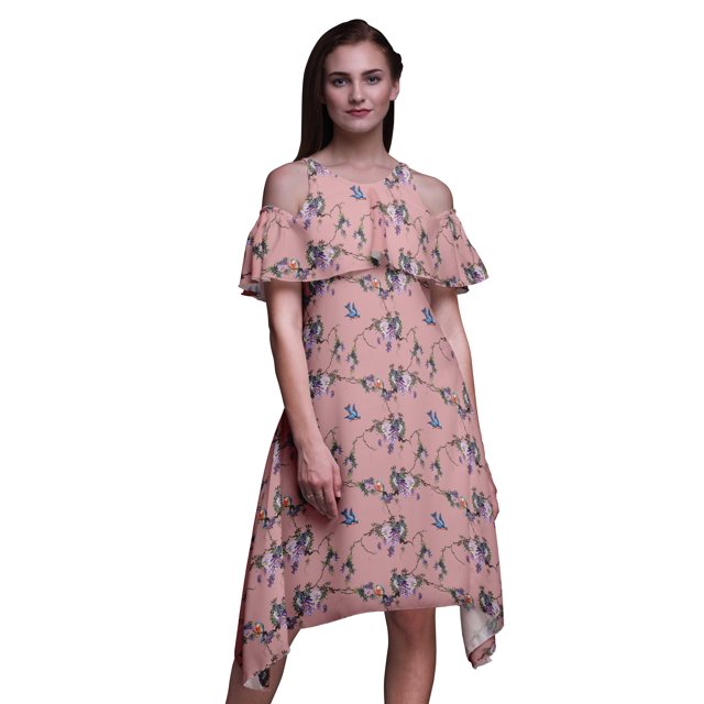 Bimba Robe Droite à Épaules Dénudées Style Chic pour Femmes à Imprimé d'Oiseaux Roses Tunique d'Été - Grand