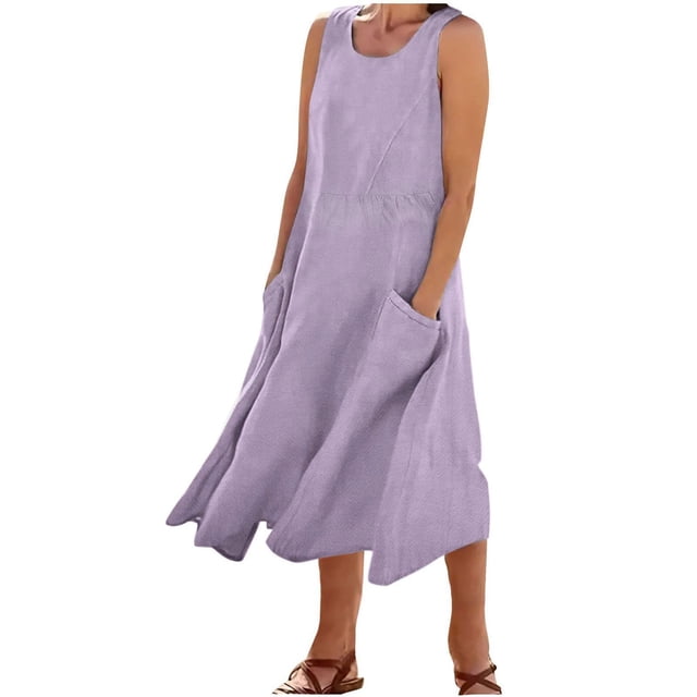 Timegard Robes d'Été pour Femmes Col Rond Ajusté Sans Manches Léger Décontracté Ample Robe avec Poches
