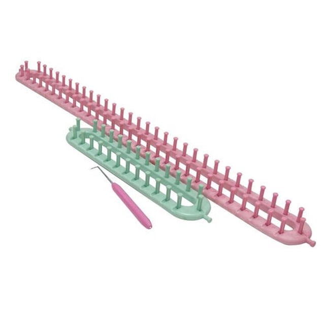 CRAFTING ESSENTIALS Knitting Loom Set with 25 cm (10) and 56 cm (22) plastic looms in pink and green featuring uniform peg spacing for flat or circular knitting, including a pink yarn hook, ideal for scarves, blankets, garments, and travel projects.