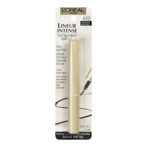 Oréal Paris Lineur Intense Eyeliner L' 1,5 ml Teinte 610 Black Mica Noir Grant, un Stylo Eyeliner Liquide Ton or avec Applicateur à Pointe Feutre pour des Lignes Fines Ou Audacieuses Précises, Montré dans un Emballage de Vente au Détail avec des Détails de Produit Bilingues, Convient pour Créer des looks d'Yeux Dramatiques.