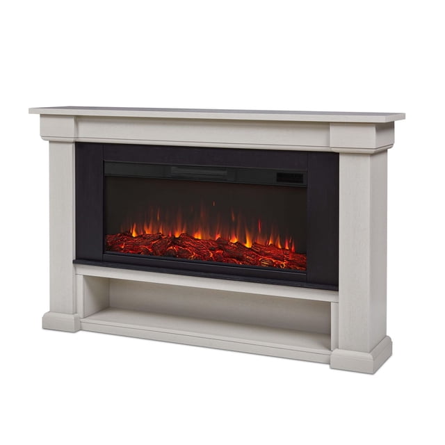 Bristow 66" Landscape Electric Fireplace with a white wooden mantel featuring a wide top surface and an open storage shelf below the black electric firebox. The firebox displays infrared LED glowing embers and flickering flames in red and orange, providing supplemental heat and decorative ambiance indoors.