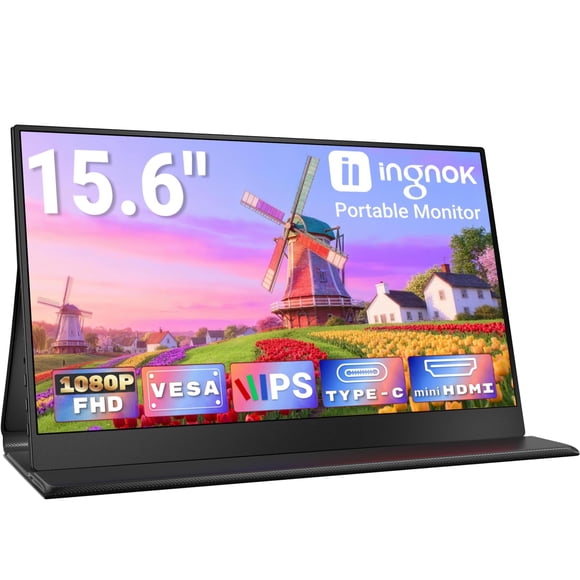 Ingnok Portable Monitor, 15.6inch FHD 1080P Travel Monitor, Ultra-Thin, USB-C Plug&Play, Built-in Speakers, Portable Screen for Laptop, Mac, Switch/P