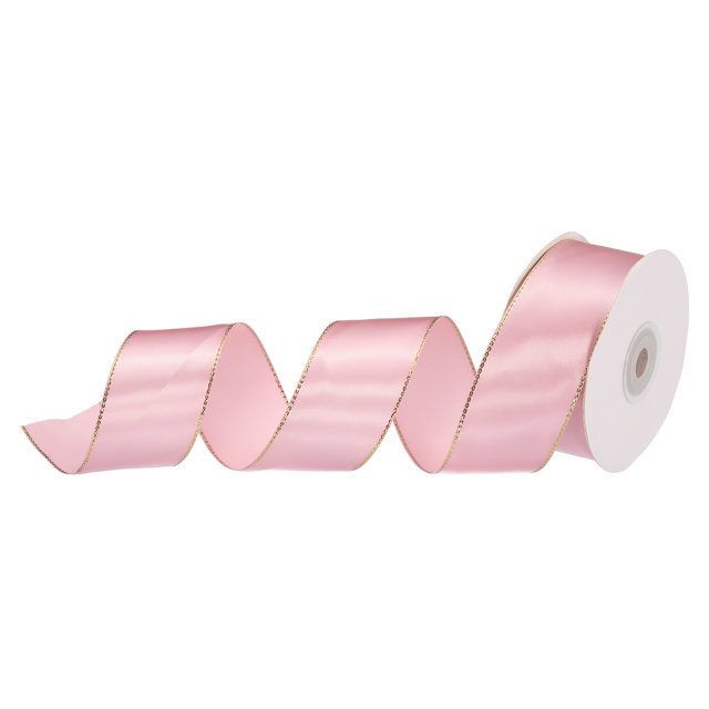 Unique Bargains 1 1/2 Inch 25 Yard Wide Satin Ribbon with Gold Edges Grosgrain Fabric Ribbon for Gift Wrapping, Pink
