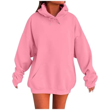 aohooy Women's Hooded Sweatshirt Long Sleeve Sweat Shirt Fall Winter Basic Solid Color Plain Pullover Sweater Hoodie with Pocket Pink,S