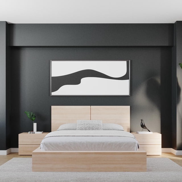 Nexera James 4-Piece Bedroom Set with queen-size platform bed in light wood featuring a minimalist rectangular headboard, two matching 2-drawer nightstands with wide bedside surfaces, set against a dark grey wall with abstract black and white art, on a light grey rug over hardwood floor.