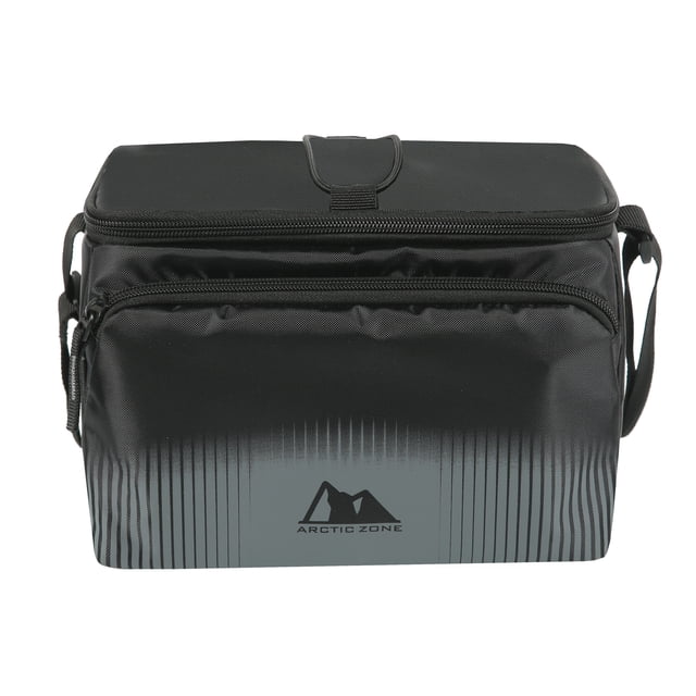 Arctic Zone Hardbody Lunch pack with Ice pack, Removable Liner, and Durable Polyester Exterior centered front view of a rectangular, crush-resistant lunch pack with a removable molded hard liner, durable polyester exterior, exterior zip accessory pocket and adjustable shoulder strap. Interior visible with high-density thermal insulation, Ultra Safe leak proof lining with Microban and included high-performance ice pack; often used to keep lunches and chilled snacks cold for work or school.