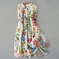 thumbnail image 3 of Pisexur Robes d'Été pour Femmes Mode Bohème à Imprimé Floral Robe Maxi Tunique Décontractée Taille Élastique Robe Soleil Col Rabattu Boutonnée Longue Robe Manches 3/4 Col en V Fluide Coton Lin Robe de Plage, 3 of 3