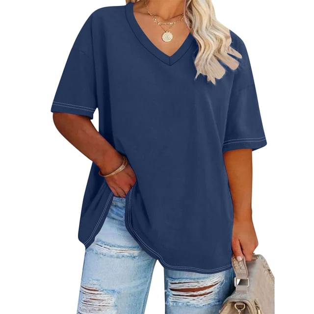 Jsaierl Womens Plus Size Loose Casual Tops Solid Color Summer V Neck T-Shirts Daily Simple Short Sleeve Blouses