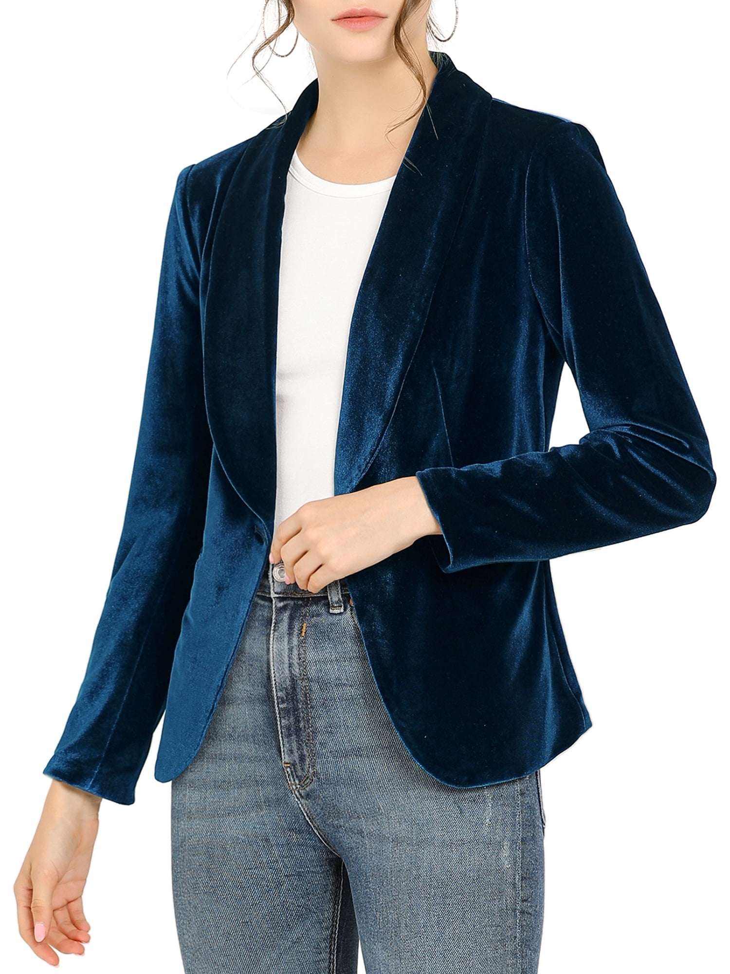 INSPIRE CHIC Women's Velvet Blazer Solid Color Shawl Collar One Button Wear-to-Work Blazer XL Deep Blue