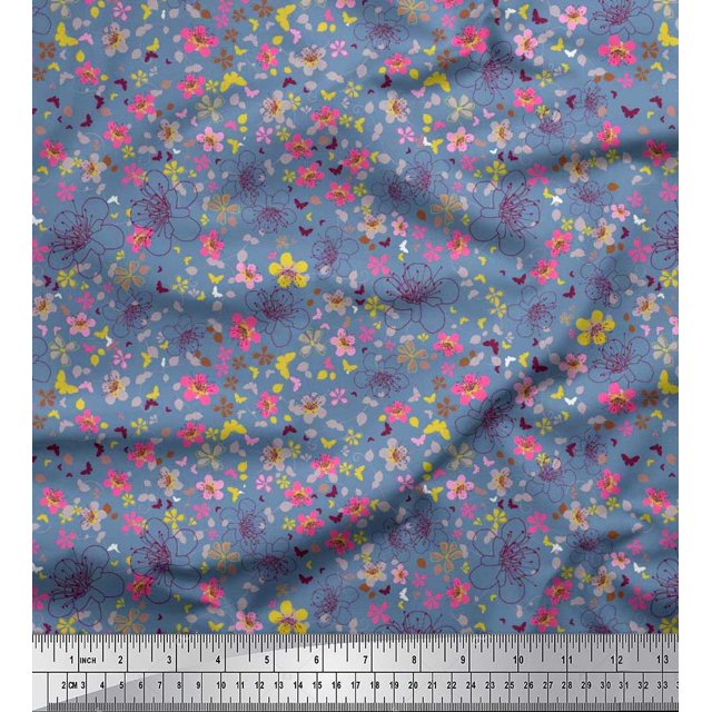 Soimoi Poly Georgette Fabric Leaves,Butterfly & Flower Floral Print Sewing Fabric Yard 52 Inch Wide