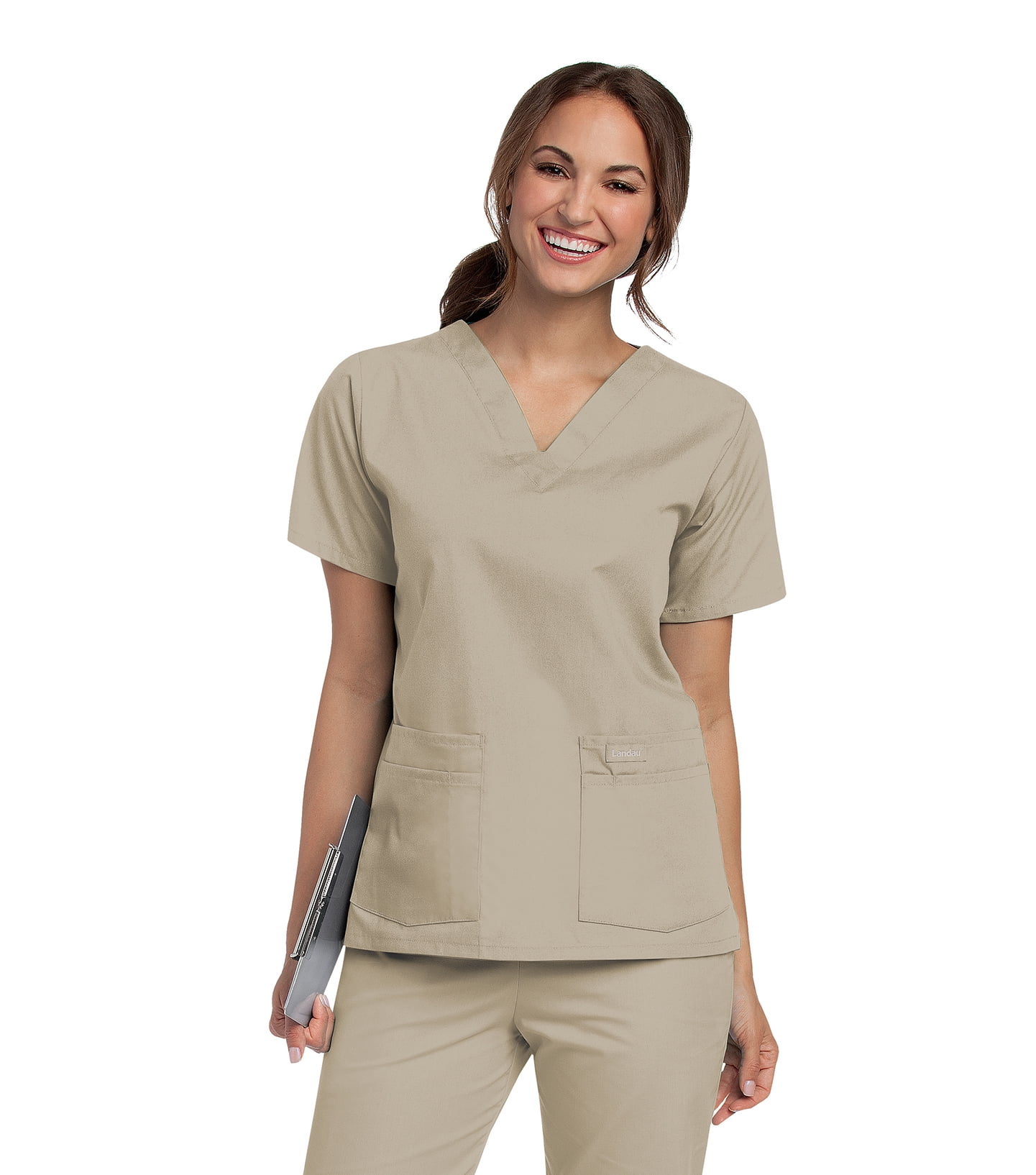 Landau Essentials Scrub Top for Women: 4 Pockets, Classic Relaxed Fit, Durable V-Neck 8219