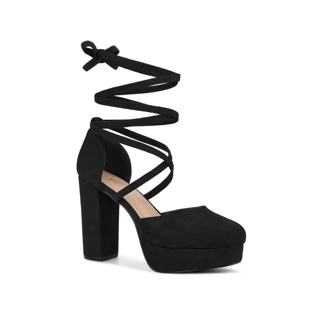 BLISSFUL STEP Escarpins pour Femmes Talons Blocs Plateforme à Brides à Lacets Escarpins Noirs 10