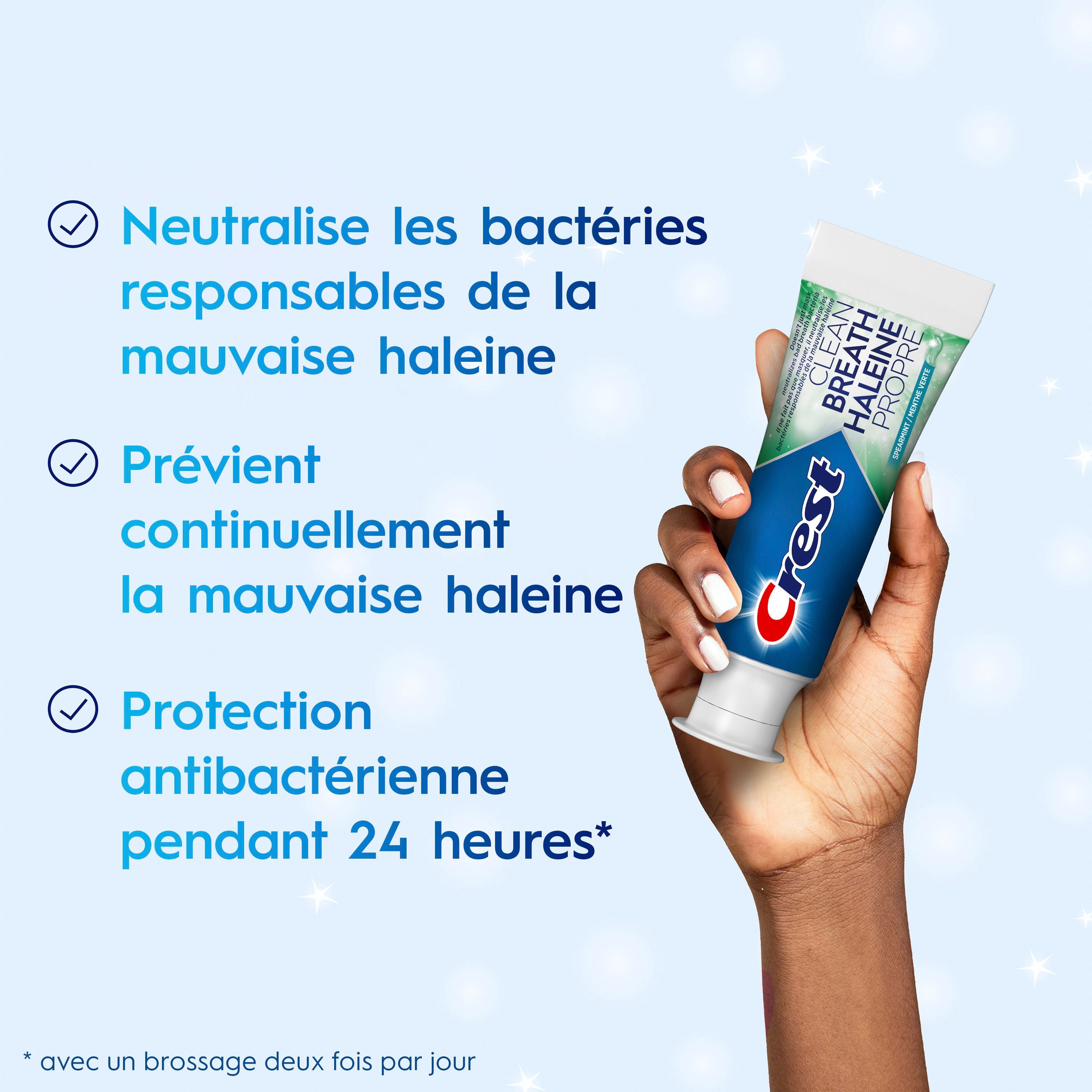 Dentifrice Crest Haleine propre Menthe verte 100 mL : neutralise la mauvaise haleine, protège contre les bactéries, combat la carie, rafraîchit l’haleine, blanchit en douceur