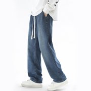 BLCHUNen Mens Jeans Drawstring Wide Leg Casual Denim Pants Loose Fitted Workout Vintage Trousers with Pockets